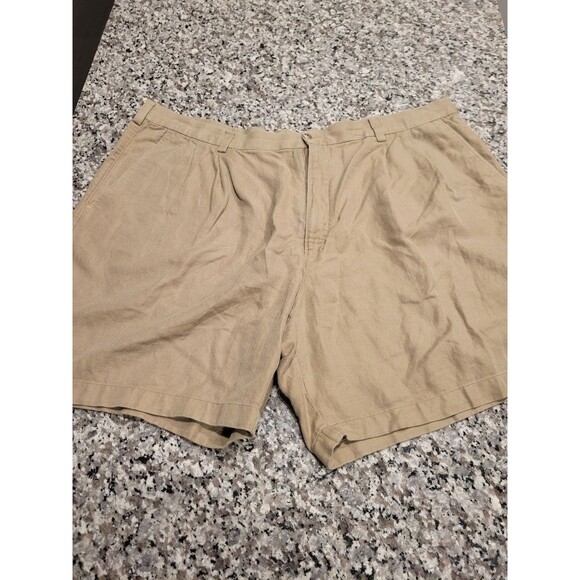 Caribbean Shorts Mens 42 Khaki Linen Cotton Pleat Casual Lightweight Herringbone - Picture 1 of 7